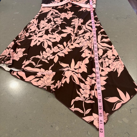 Y2K Babydoll Dress Brown Pink Floral Asymmetrical Hem V Neck Fairy Size M 2000s - Picture 7 of 8